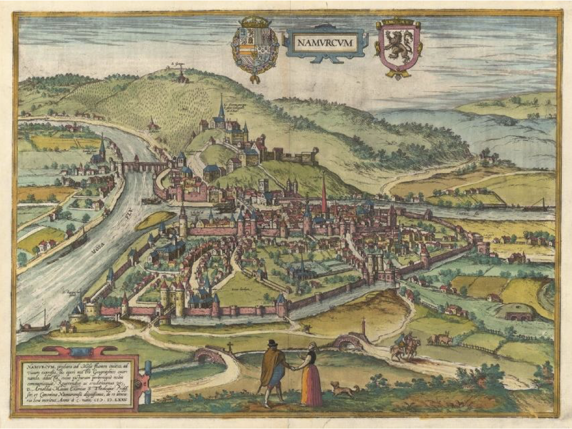 Map of Namur, Belgium, published between 1574 and 1576 by Georg Braun and Frans Hogenberg.